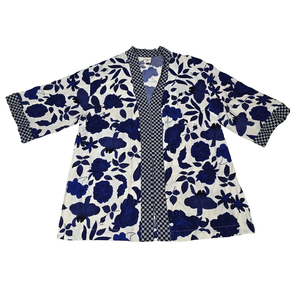 Cabi Blue White Floral Kimono Wrap Jacket Geometric Trim Open Front M/L